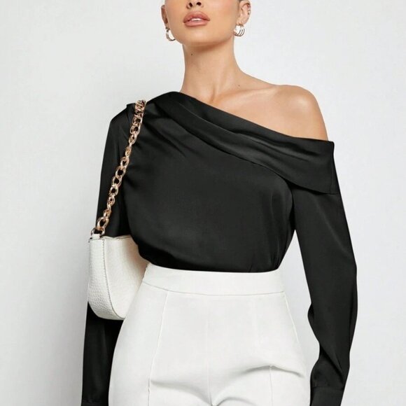 New Women's Asymmetric Design Ruched Shoulder Draped Loose Long Sleeve Satin - Picture 2 of 5